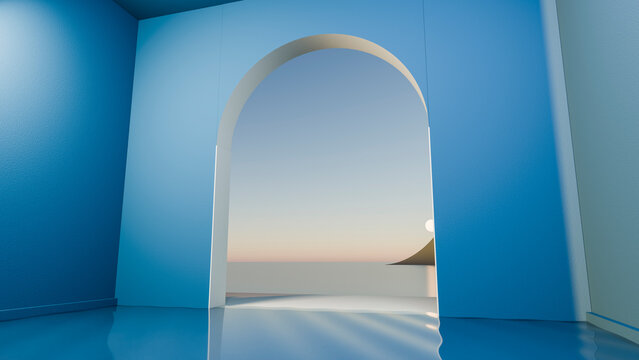 Blue wall archway framing sunset over calm ocean view