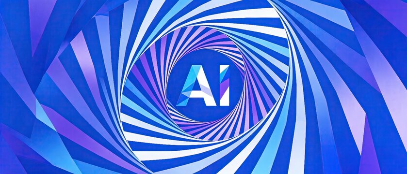 Abstract futuristic geometric spiral tunnel of blue purple and white radial stripes leading to AI text at the center modern artificial intelligence technology concept