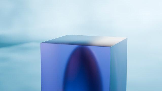 Blue translucent cube with gradient colors in minimalist art style