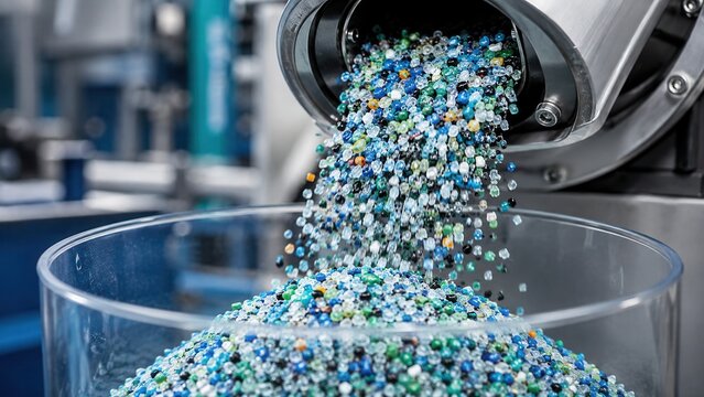 Recycled plastic pellets pouring from processing machine into container at modern recycling factory