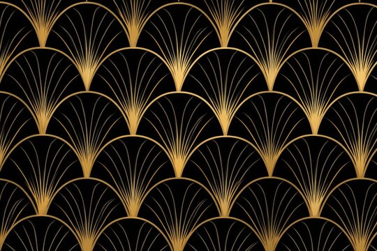 Art deco seamless pattern with gold geometric fan shapes on a black background for luxury design