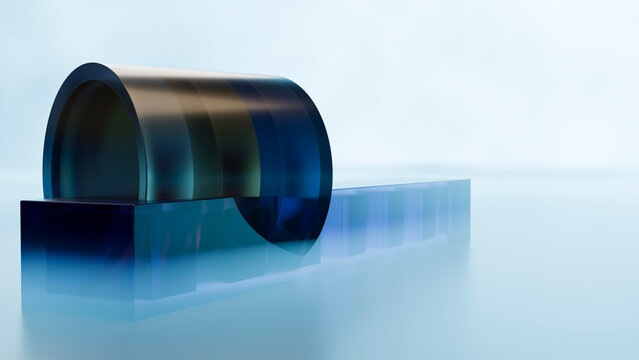 Blue glass sculpture with curved form on translucent block