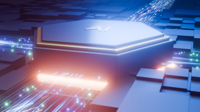 Ai chip glowing on futuristic electronic circuit board