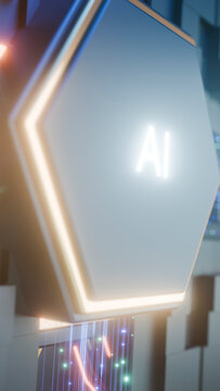 Glowing hexagon panel with ai text in digital technology setting