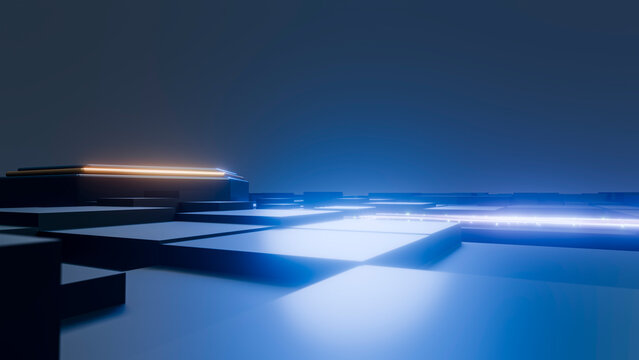 Abstract digital data center with glowing hardware components