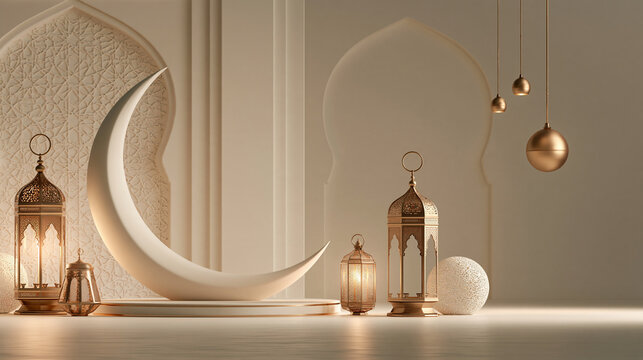 Elegant silver crescent moon with glowing Islamic lanterns and soft architectural arches in a luxurious Ramadan background
