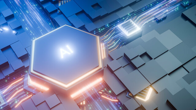 Ai microchip with glowing digital circuits and data flow
