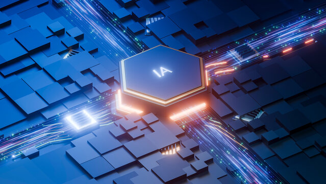 Artificial intelligence microchip on futuristic blue circuit board