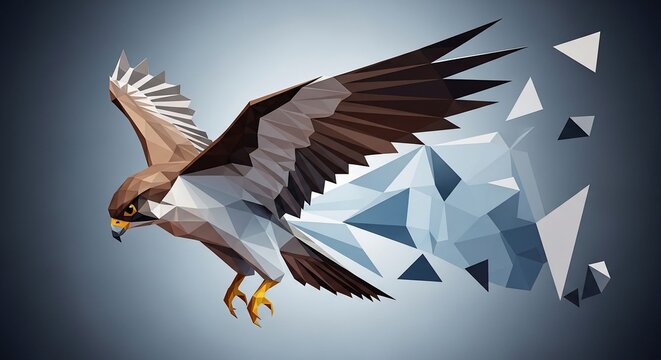 Low Poly Geometric Falcon Flying with Abstract Fragmented Effect