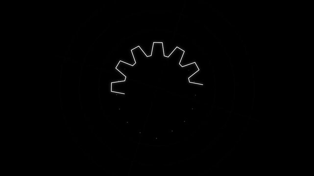 Glowing White Neon Line Art Gear Cogwheel Blueprint Animation