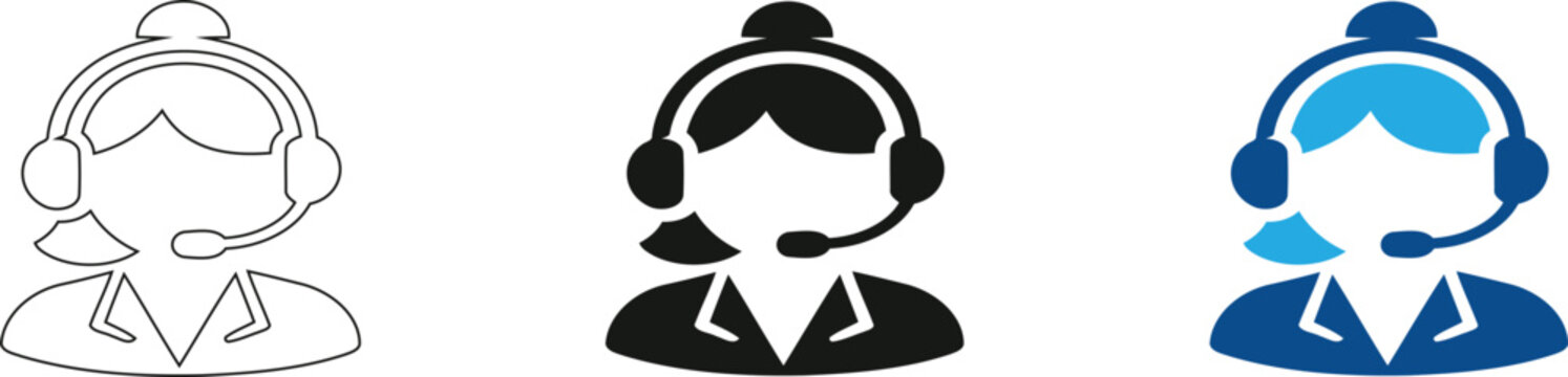 Customer service representative icons, female call center agent with headset, support assistant vector set in outline and flat styles on transparent background