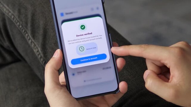 User confirms a trusted device on a mobile banking app, highlighting secure account access, identity verification and the growing demand for stronger digital protection.
