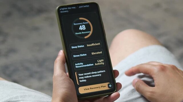 Person checks a mobile recovery score showing poor sleep, elevated stress and a light activity recommendation, reflecting growing demand for personalized wellness and recovery tracking.