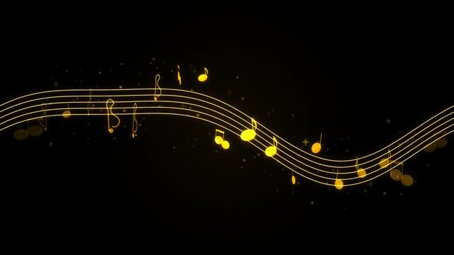 Golden Glowing Music Notes Wavy Staff Motion Loop