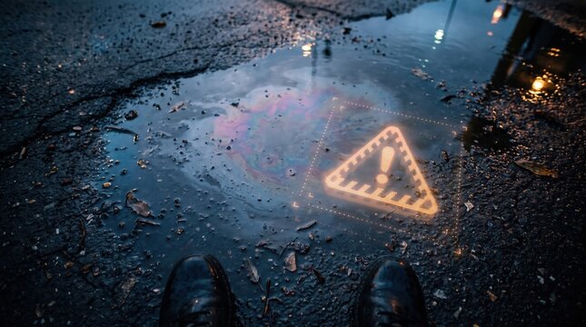 Conceptual image of an oil spill puddle on an asphalt road with a glowing warning