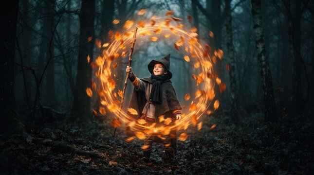 Child wizard in a sorcerer hat holding a wooden staff in a dark misty forest, capturing a whimsical fantasy moment with a glowing magic ring and swirling autumn leaves for book cover design.