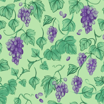Grape seamless pattern, watercolor sketch,  with grape bunches, vine branches, leaves