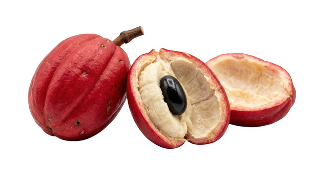 Fresh ackee fruit with red skin and black seed isolated on transparent background