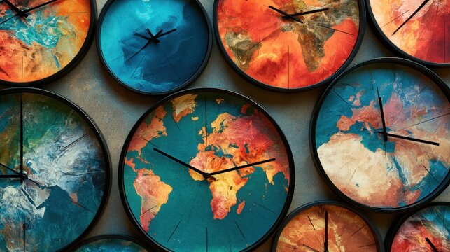 Collection of artistic world map wall clocks showing different time zones with vibrant colorful texture and abstract design