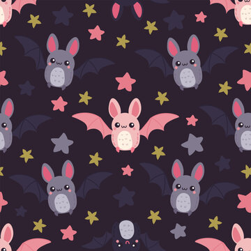 Cute Halloween seamless pattern with adorable bats, colorful stars on dark background. Spooky vector pattern perfect for textiles, wallpaper, wrapping paper, stationery and seasonal decor.