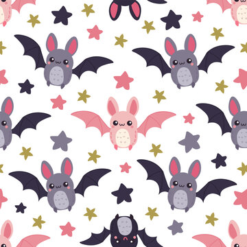 Cute Halloween seamless pattern with adorable bats, colorful stars on white background. Spooky vector pattern perfect for textiles, wallpaper, wrapping paper, stationery and seasonal decor