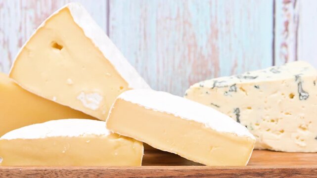 Video of a cheese mix featuring Parmesan, Brie, blue cheese, and Camembert.