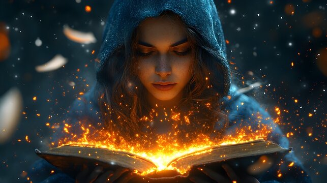 woman in hooded cloak reading glowing open book with glowing sparks