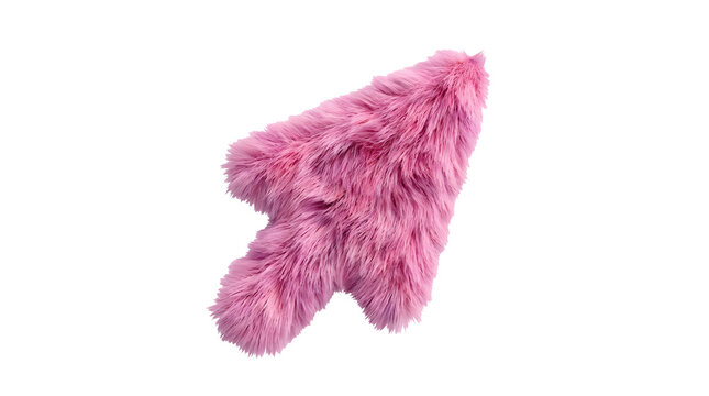 A 3D rendered computer mouse cursor arrow pointer covered in soft, fluffy, bright pink fur, shaped like a standard pointer pointing diagonally upward, isolated on a clean solid white background