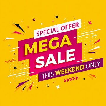 Bright special offer mega sale weekend advertisement banner with confetti effect