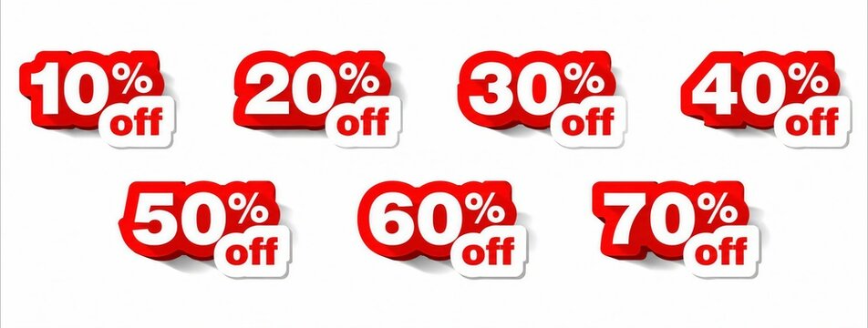 Set of percentage discount sale badges with bold red and white text