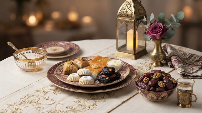 Traditional ramadan food table with sweet dates and cookies lit by a glowing golden lantern at night