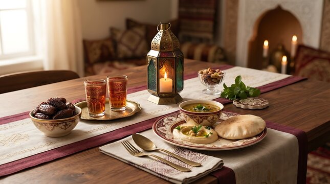 Traditional arabic dinner table set for iftar during ramadan with dates hummus and tea