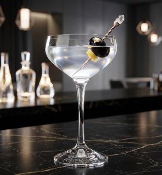 Elegant Glass of Martini Cocktail with Olives on Luxury Bar Counter