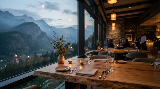 Wooden table with lit diya lamps and wildflower vase overlooking mountain scenery at dusk for upscale dining experience.