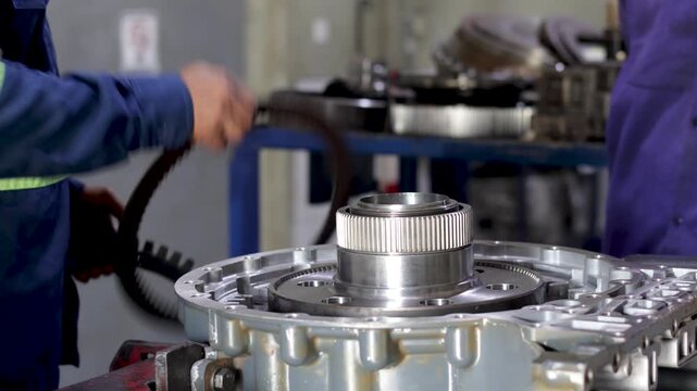 A technician uses hands to align friction and reaction clutch plates inside a gearbox housing.