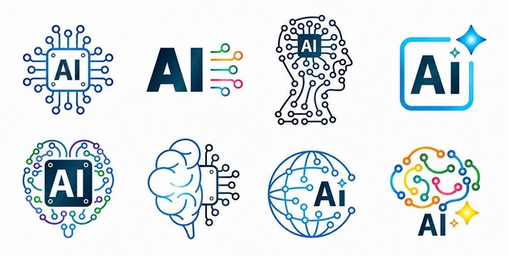 Modern artificial intelligence icons set with neural network brain and digital symbols