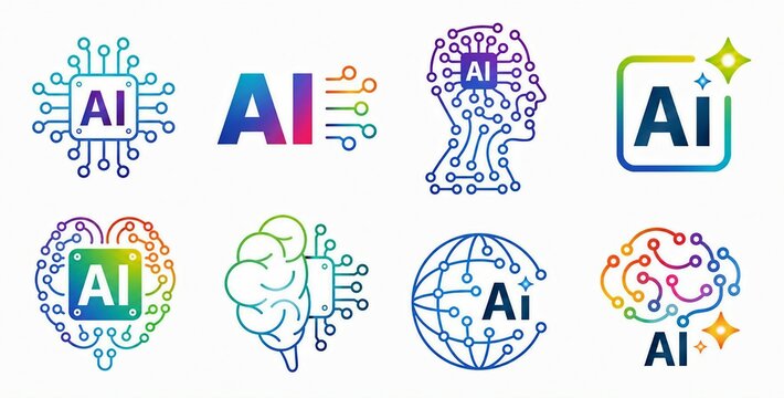 Colorful artificial intelligence icons and brain neural network illustrations