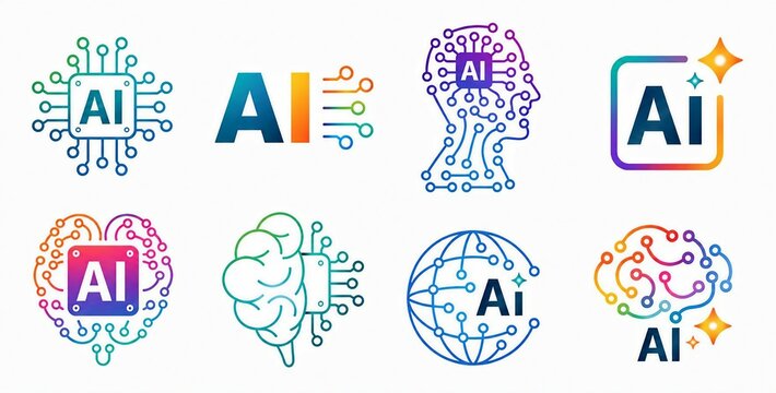 Colorful artificial intelligence icons and logos with neural network design elements
