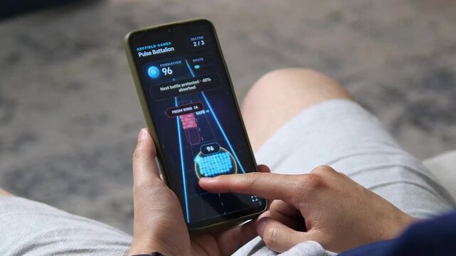 Hands navigate a futuristic mobile strategy game as a glowing unit grows, shields activate and enemy waves close in, capturing the energy of modern app-based gaming.