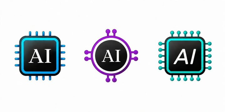 Modern ai chip icons set with circuit design and virus shape