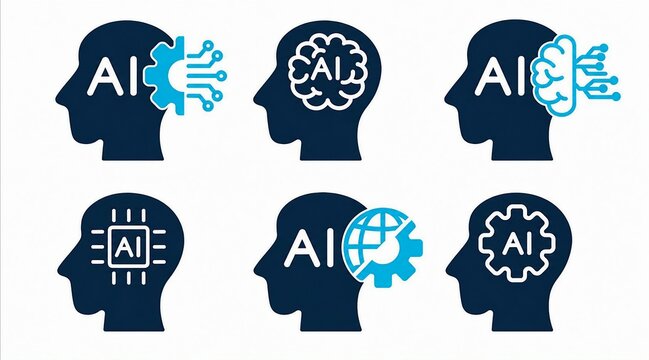 Six creative artificial intelligence brain icons with futuristic designs