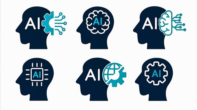 Set of six artificial intelligence brain icons with futuristic neural network designs