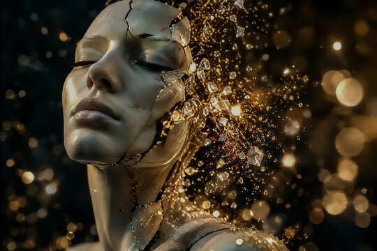 Cracked mannequin face dissolving into glowing golden particles and fragments, creating a dramatic surreal concept of transformation, destruction, identity, and artistic expression.