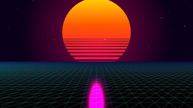 Premium 10-second seamless looping 4K background featuring a classic 1980s outrun synthwave aesthetic. Includes a massive glowing sunset with iconic horizontal cutouts, an infinitely scrolling neon.