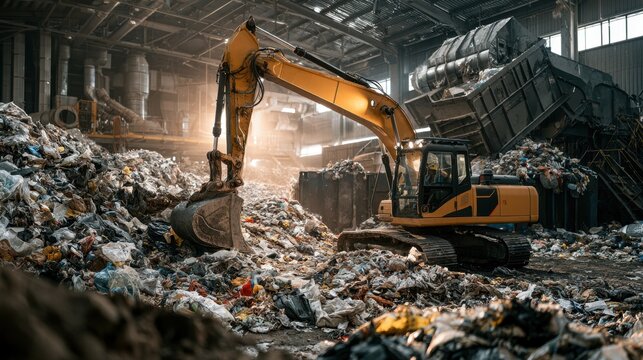Large yellow excavator moving and sorting large pile of mixed trash inside industrial waste recycling plant facility