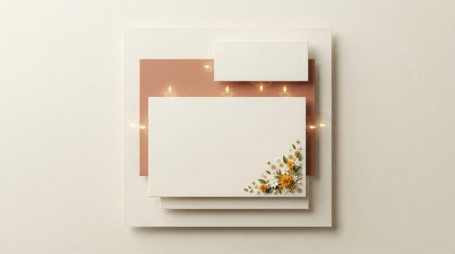 Festive layered invitation card features soft terracotta background with diya lamps and marigold floral corner decoration.
