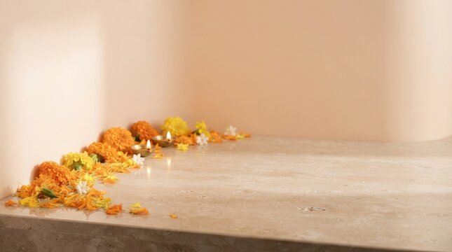 Minimalist marble surface featuring scattered marigold flowers and glowing oil lamps in corner for diwali home decoration.