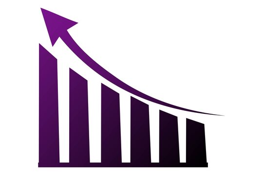 Upward arrow with decreasing bar chart isolated on white background