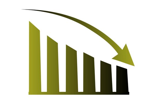 Downward arrow bar chart with decreasing trend isolated on white background
