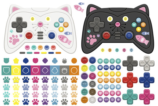 猫型ゲームコントローラーとUIボタンの装飾素材セット